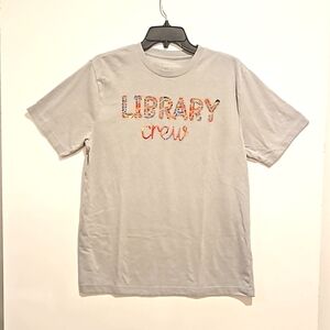'Library Crew' multicolor graphic print tee by George Med. UNISEX men's cut gray